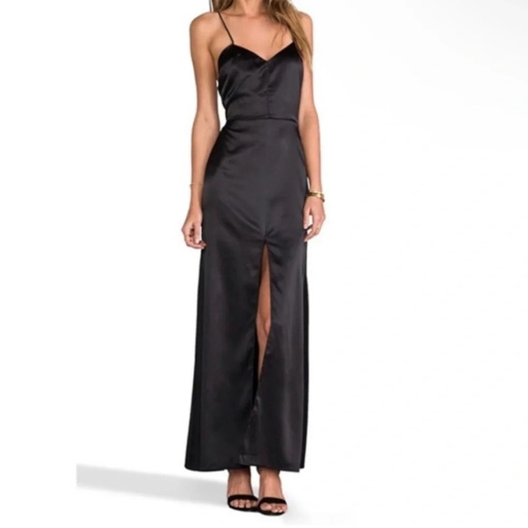 For Love and Lemons Satin Maxi Dress Slit Low Back Black Size M - Picture 1 of 6